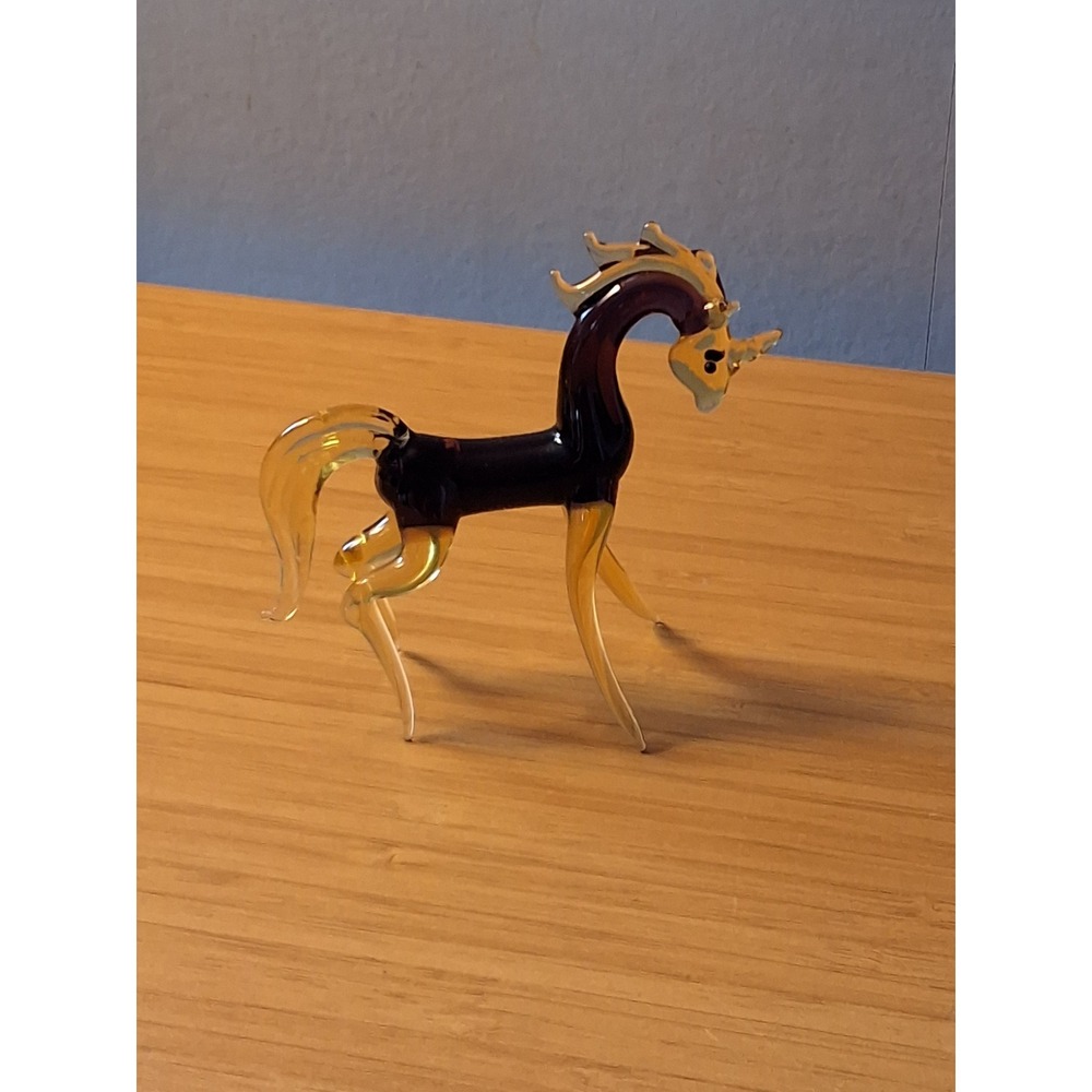 Vintage Hand Blown Art Glass Unicorn Figurine Purple and Amber Gold 4 inch